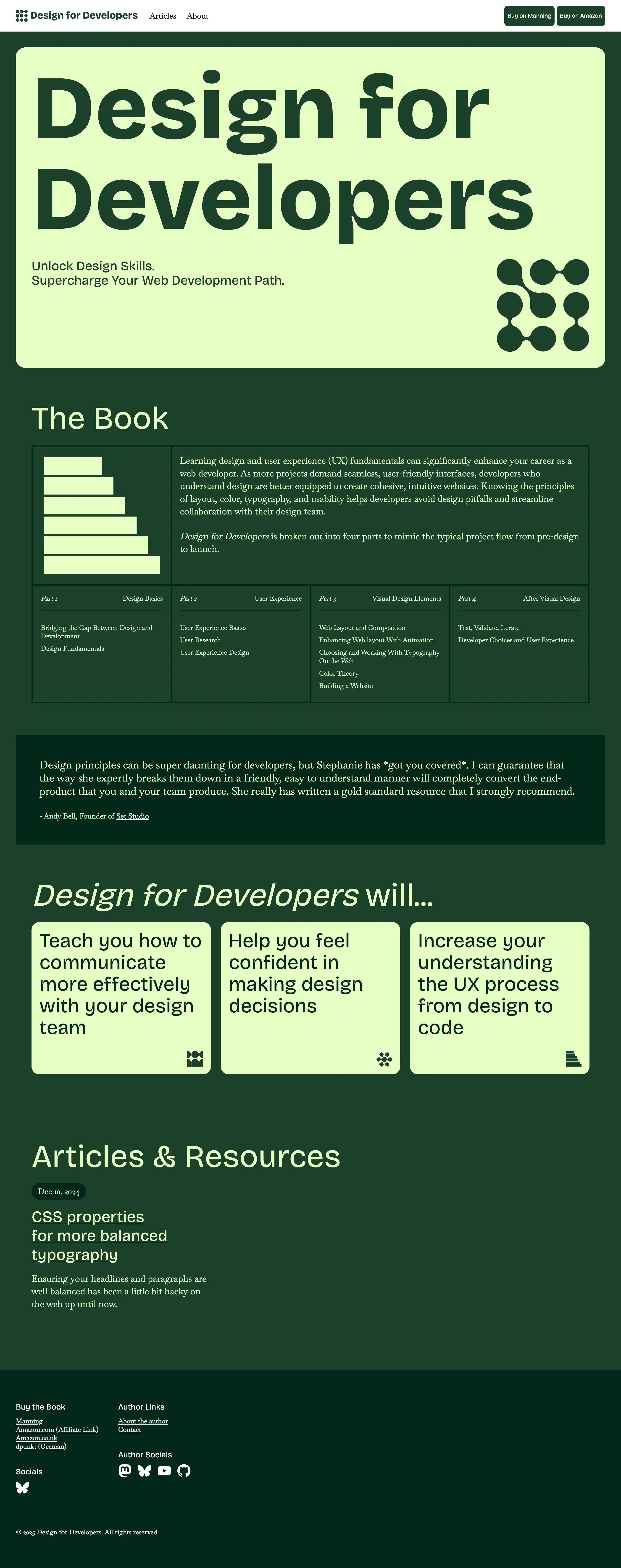 the redesigned Design for Developers book website with bold typography, book overview, and articles section