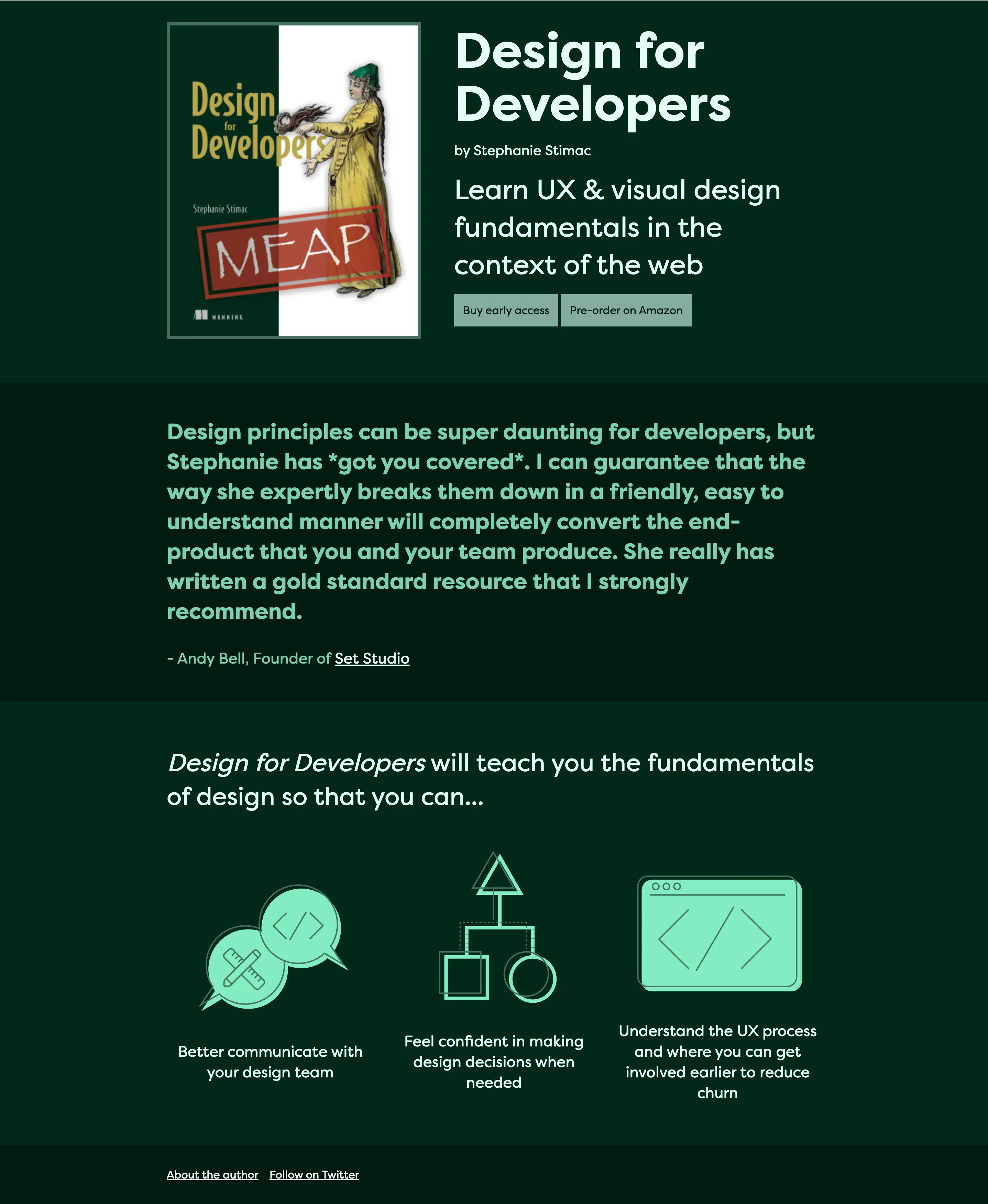 the previous Design for Developers book website with a simple one-page layout