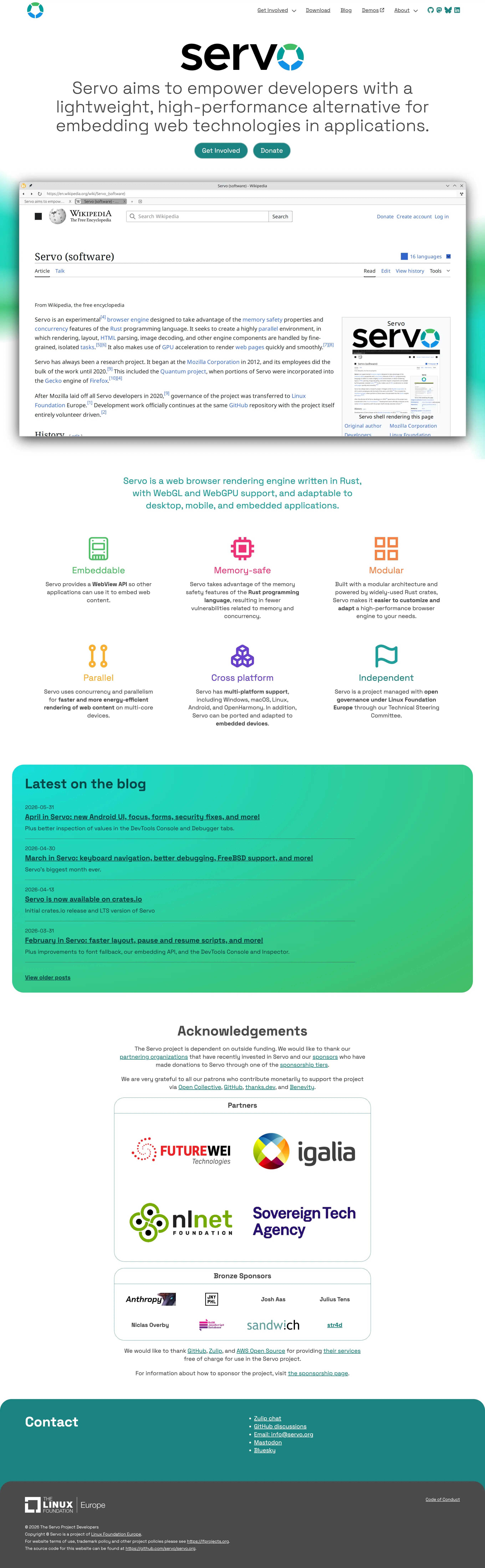 the redesigned Servo homepage with a light layout, Get started and Donate calls to action, feature pillars, and partner acknowledgements