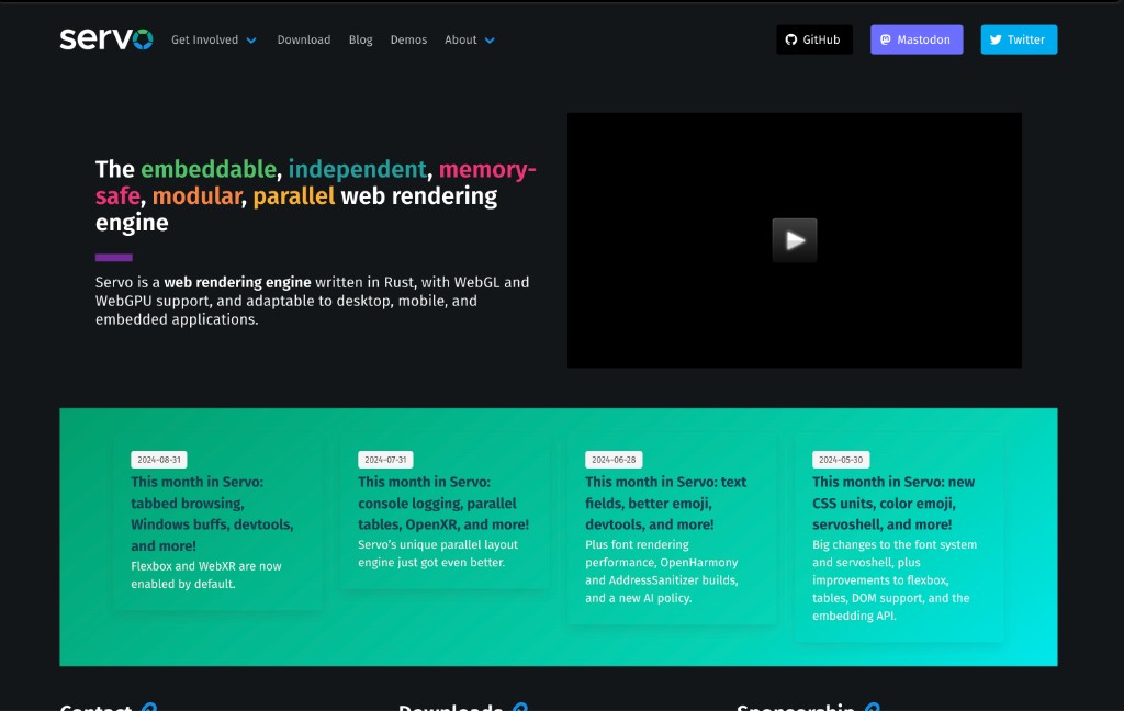 the previous Servo homepage with a multicolor headline, video embed, and monthly update cards on a teal gradient