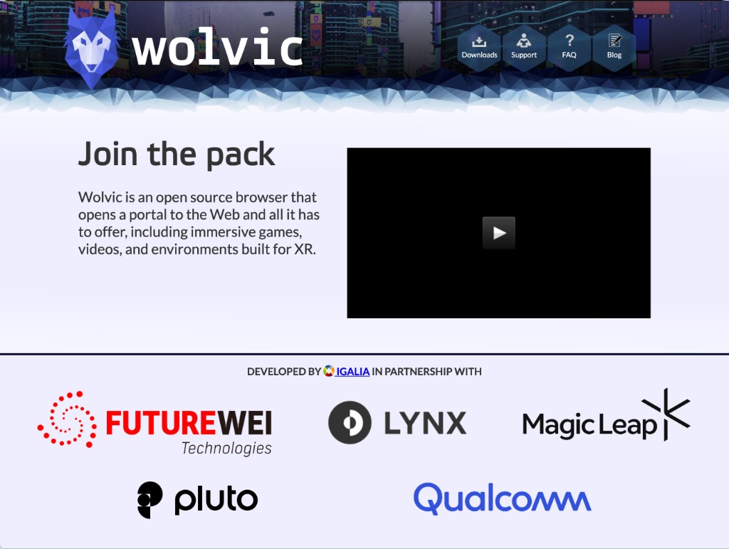 the previous Wolvic homepage with a cityscape header, Join the pack headline, and partner logos